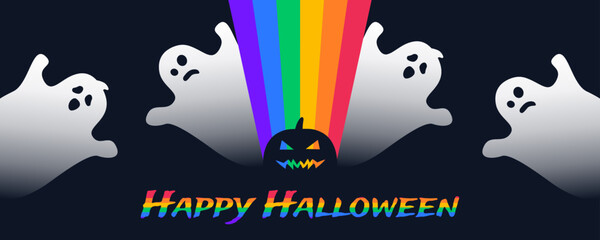 happy halloween lgbt rainbow color rays  scary pumpkin cute ghosts   banner design vector illustration