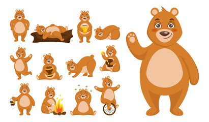 Animal character. Funny bear actions. Happy creature sleeping on wood and eating honey. Forest wildlife. Thinking and dancing. Grizzly with orange fire. Vector cartoon mammal activities set