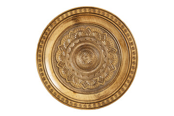 Isolated on white wooden souvenir plate with carved and decorated ornament