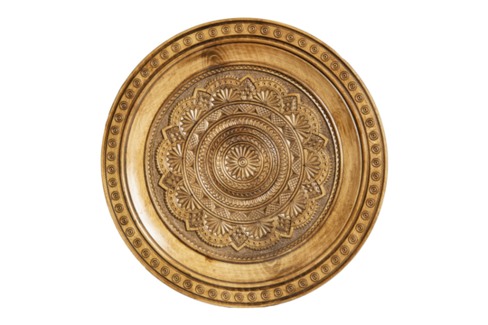 Isolated on white wooden souvenir plate with carved and decorated ornament