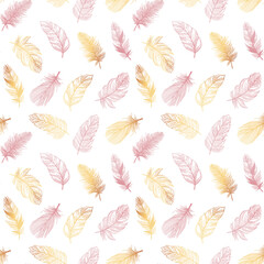 Vector seamless pattern background with gold and pink feather vector illustration, for print, fabrics, decorations, paper