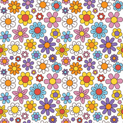 70s groovy flower pattern, chamomile and daisy flowers vintage print. 60s abstract floral fabric, psychedelic retro colors. Decor textile, wrapping paper, wallpaper vector seamless background