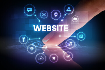 Finger touching tablet with web technology icons concept