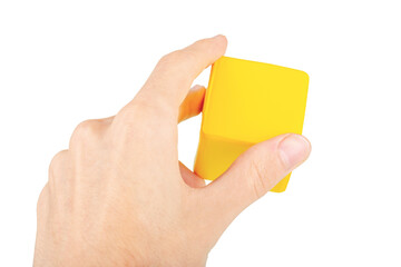 Hand holding a yellow cube, man gripping, reaching and grabbing a floating part, node, catching a...