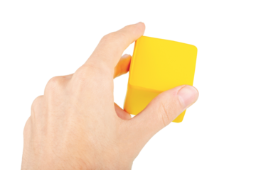 Hand holding a yellow cube, man gripping, reaching and grabbing a floating part, node, catching a hovering cube gesture isolated on white, cut out. Technology, user ui interaction abstract concept
