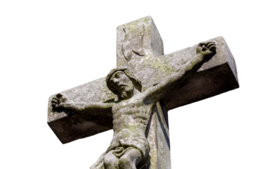 Large old stone christian cross, crucifix religious symbol, low angle shot, closeup, cut out, clear blue sky background. Christianity, Jesus Christ, salvation, catholicism faith symbols simple concept
