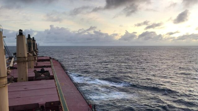 A merchant ship underway, deck view