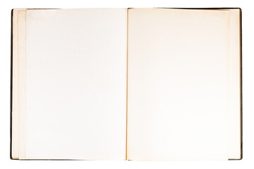 Simple single old open empty blank notebook, spread book pages top view, text space object isolated...