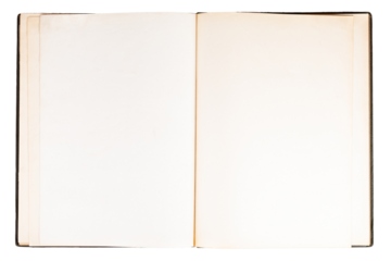 Simple single old open empty blank notebook, spread book pages top view, text space object isolated on white, cut out, copy space. Old antique stylish parchment design, view from above. Journal, diary