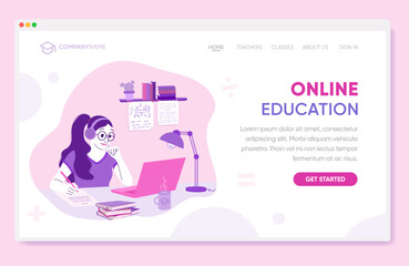 Webinar, online education concept with a woman, computer, lamp, and books. Landing page template, vector illustration in flat style. Simple colorful vector design, layout, online workshop