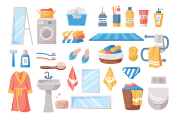 Bathroom mirror set, sink, toilet and washing machine, bath hygiene. Personal accessory, shower, sponge and towels, bathrobe and cosmetics, toothbrush and paste. Vector illustration
