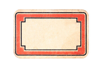 Small empty label, old retro style worn blank sticker, dated elegant wide rectangular paper adhesive tag, red border frame, isolated on white, cut out Vintage text box surface, copy space inside, sign