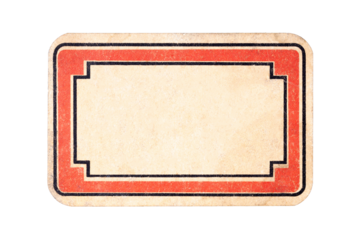 Small empty label, old retro style worn blank sticker, dated elegant wide rectangular paper adhesive tag, red border frame, isolated on white, cut out Vintage text box surface, copy space inside, sign