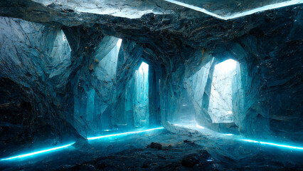 3D rendering. Futuristic sci-fi cave with cyan crystals lights CG artwork background