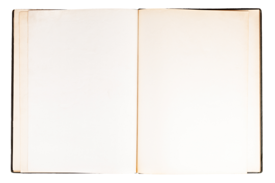 Simple single old open empty blank notebook, spread book pages top view, text space object isolated on white, cut out, copy space. Old antique stylish parchment design, view from above. Journal, diary