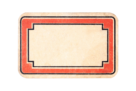 Small empty label, old retro style worn blank sticker, dated elegant wide rectangular paper adhesive tag, red border frame, isolated on white, cut out Vintage text box surface, copy space inside, sign