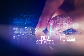 Finger touching tablet with web technology icons concept