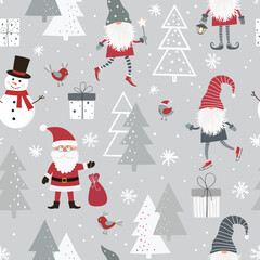 Christmas seamless pattern with scandinavian gnome, christmas tree, gift boxes and snowflakes.