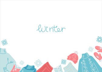 Frame with warm women's clothing in pink-blue colors. Seasonal form. Banner for winter design. Flat style.