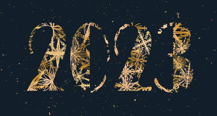 Obraz na płótnie Canvas Numerals 2023 with golden snowflake texture on dark background. Texture background with sparkles. Typography design for new year. Greeting card, banner, poster. Background shape. Poster layout design.