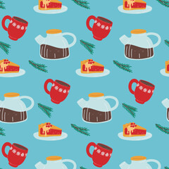 Winter seamless pattern with berry pie and hot drink cup and teapot. Holiday banner design. Cooking background. Seamless pattern. Christmas background.