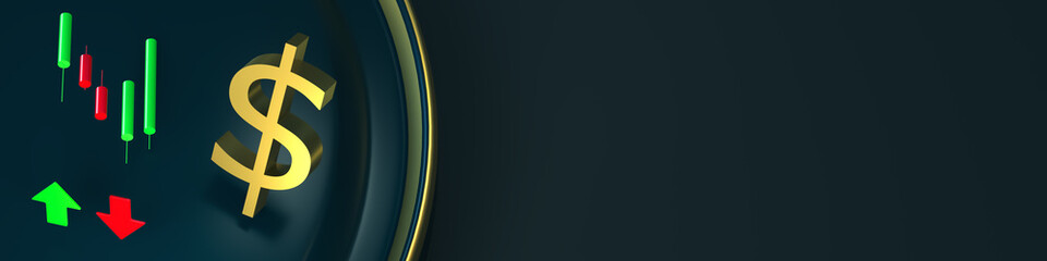 Dollar symbol and a stylized candlestick chart on a green background. The concept of financial market, forex, investment. 3D rendering