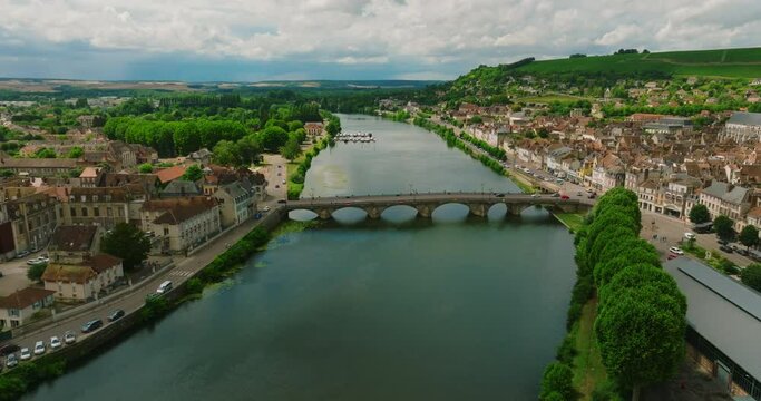 Aerial view of the French city of Joigny. Joigny is a commune in the Yonne department in Bourgogne-Franche-Comte in north-central France