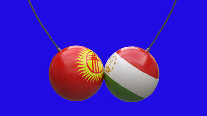 Balls on ropes in the colors of the national flags of Kyrgyzstan and Tajikistan collided against each other against a neutral background. 3D rendering. Design blank. Layout.