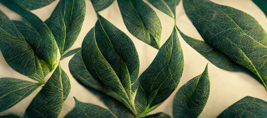 3D realistic green leaves pattern on white background. 3D illustration