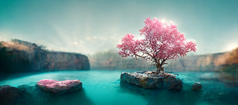 Pink maple trees surrounded by turquoise in watercolor style. 3D rendering