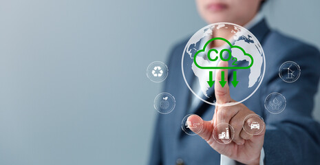 Sustainable development and innovation green business concept. Businesswoman working virtual globe...