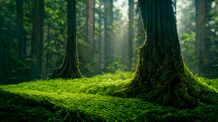 Fototapeta premium 3D rendering. Beautiful green forest with big trees. CG artwork illustration