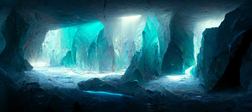 3D illustration. Futuristic sci-fi cave with cyan crystals lights CG artwork background