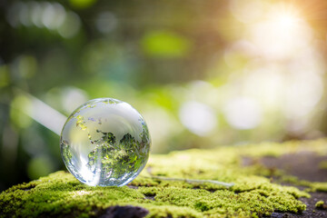 Globe planet glass In green forest with bokeh nature lights. world environment day. concept for...