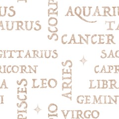 Zodiac constellations names seamless pattern. Watercolor pattern