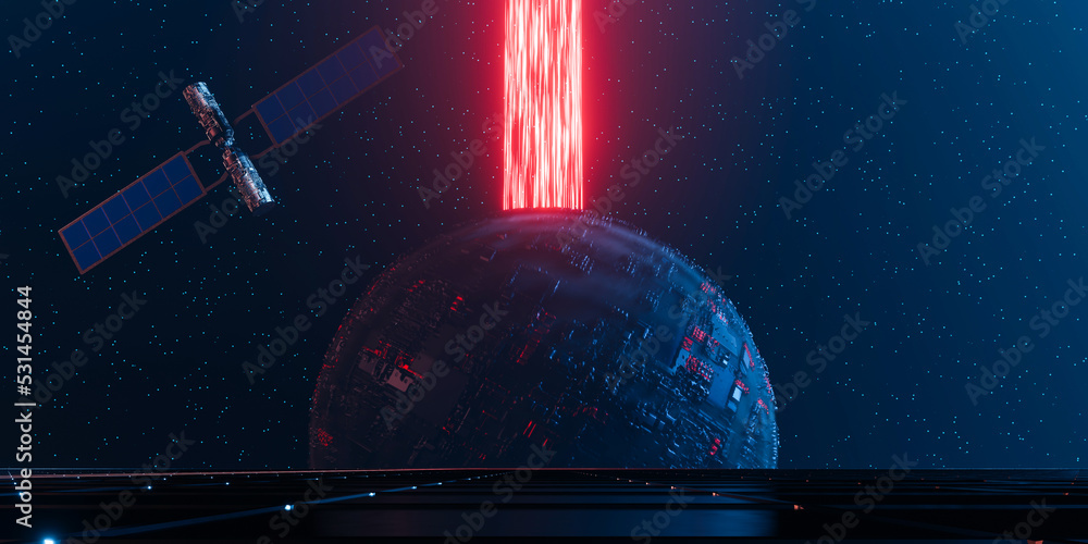 Poster 3d rendering concept space illustration. metal planet with red light pillar and orbiting by satellit