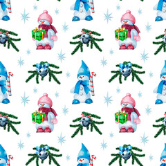 Seamless Christmas pattern small snowmen, gift boxes, decorated fir branch with bells, snowflakes, stars. Hand-drawn watercolor illustration white background for wrapping paper, fabric, textile.