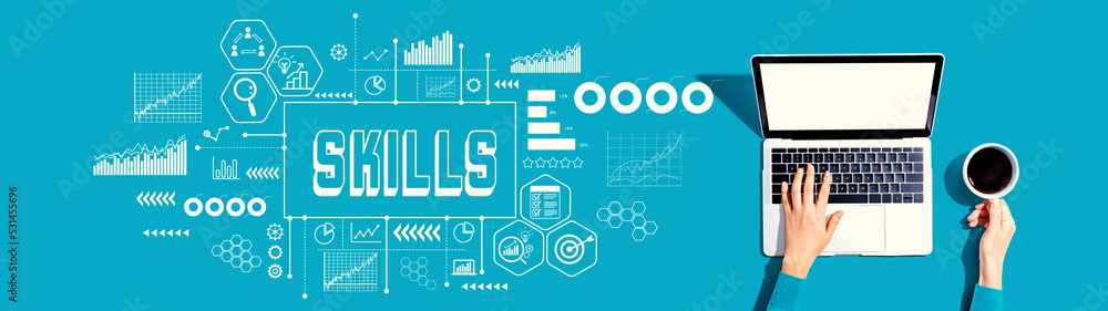 Poster Skills theme with person using a laptop computer