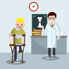 Man with broken leg. Patient in hospital on crutches. doctor in white coat