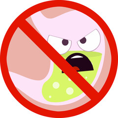 Human stomach. Angry sad face with illness eye and mouth