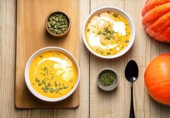 Yellow Pumpkin Soup with cream, pumpkin seed, and parsley on wooden background. Copy space. Top view.