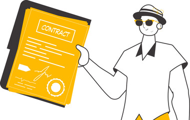 A man holds a contract in his hands. Linear trendy style. Isolated. Vector illustration.