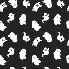Ghost vector illustrations for kids on Halloween. Hand drawn ghosts seamless pattern, cute and spooky Halloween background, great for textiles, wrapping, cloth, banners, wallpapers - vector design