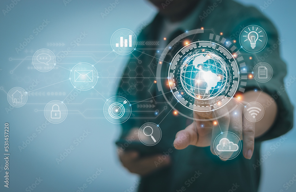 Poster user finger touch globe icon in technology connection for online transactions accessing big data the