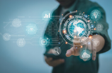 user finger touch globe icon in technology connection for online transactions Accessing Big Data the Internet. concept internet of things document management business goal setting Finance and Banking
