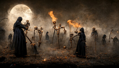 Grim reaper with haunted, creepy graveyard.Digital art