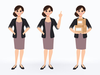 Business woman character different pose. Various gestures - listening, showing, holding box. Isolated vector.