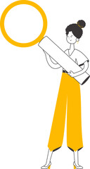 The woman is holding a magnifying glass in her hands. Modern linear style. Isolated. Vector illustration.