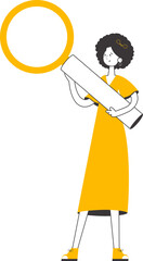 The woman is holding a magnifying glass in her hands. Minimalistic linear style. Isolated. Vector illustration.