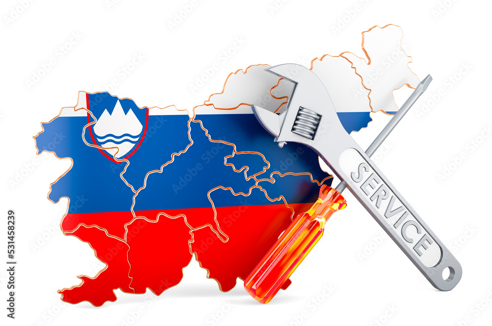 Poster slovenian map with screwdriver and wrench, 3d rendering